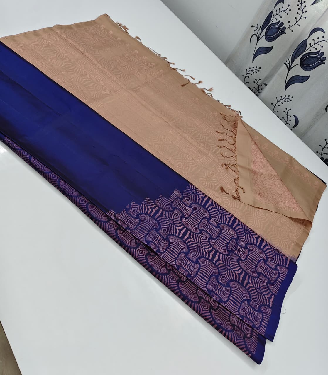 Beige and Royal Blue Silk Saree